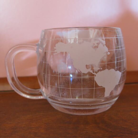 NESTLE/NESCAFE World Globe Coffee Mug Glass Collectible 1970s Frosted Handle - Picture 2 of 3